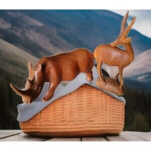 Vintage Hand Carved Wood  Rhino & Antelope Gazelle Deer Kenya Africa